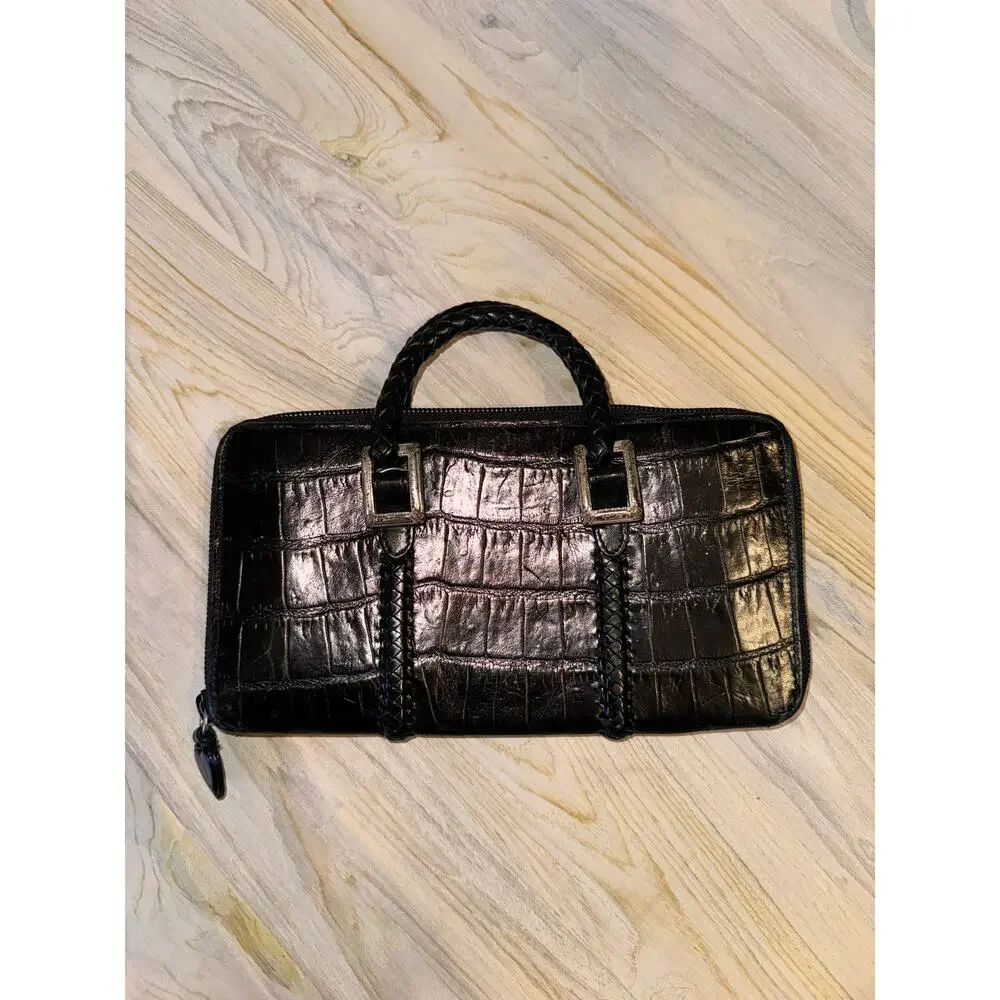 Brighton Gladiola Black Handbag Croc Embossed Leather Top Handle Wallet Sz Small
